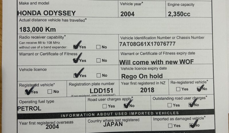 
								Honda Odyssey 2004 Self Contained Campervan full									